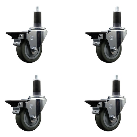 Service Caster 3.5'' Gray Poly Swivel 1-1/4'' Expanding Stem Caster Set with Brake, 4PK SCC-EX20S3514-PPUB-PLB-114-4
